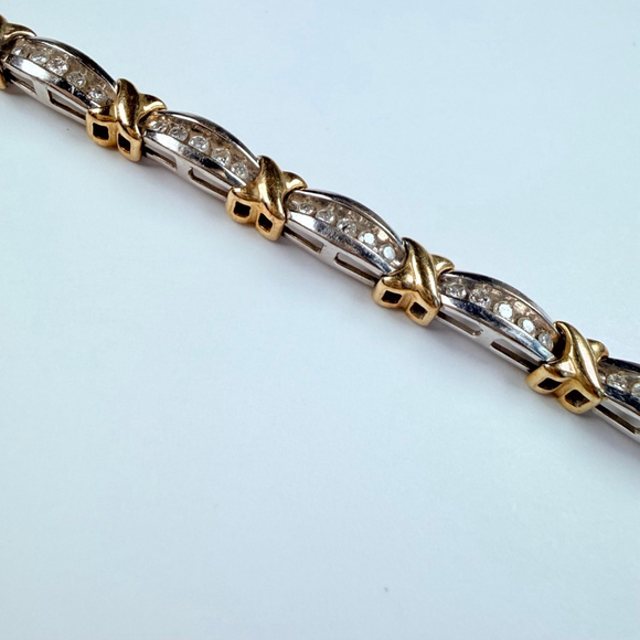 Estate 10K Solid Two Tone Gold 1.4 CT Natural Diamond X Bypass Tennis Bracelet - Picture 6 of 12